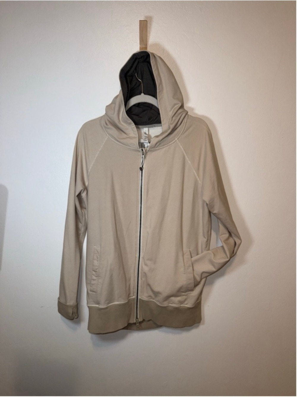 Lululemon Hoodie, Size 8, Beige with Black Accents, back zip vent, thumb holes.